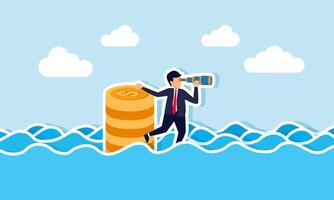 A businessman using a telescope while holding a stack of coins submerged in floodwaters, illustrating an investor's vision in rescuing their assets vector
