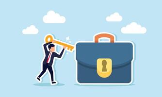 A businessman holding a key trying to open a briefcase, illustrating the authority to approve a task vector