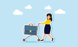 A businesswoman pushing a shopping cart filled with briefcases, illustration of a job fair or applying for a job or project proposal submission vector