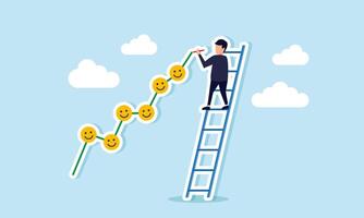 A businessman climbing a ladder and writing a growth chart with a smiling emoji, illustrating the progress of increasing engagement or attention from the target market or public vector