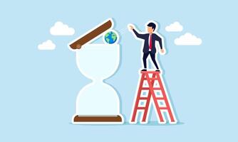A businessman climbing a ladder and throwing a globe into an hourglass, illustration of the fast-paced global trends that waste time vector