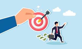 A businessman running with a briefcase full of money to avoid a hand holding a target board, illustrating someone avoiding higher targets and choosing to be content with current achievements vector