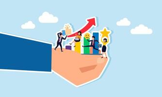 A group of employees building teamwork to improve team performance based on a chart, illustrating the trend of effective and efficient teamwork boosting business performance vector