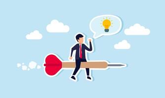 A businessman climbing the needle of a target board while imagining a lightbulb, illustrating focus on innovation and business idea development vector