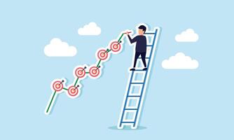 A businessman climbing a ladder and writing a growth chart, illustrating the progress and performance of an employee or entrepreneur in setting company targets vector