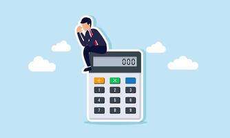A businessman sitting sadly on a calculator, illustration of the failure in financial calculations for the company vector