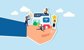 A group of employees building teamwork to create promotional media, illustrating effective and efficient teamwork that boosts business product marketing vector