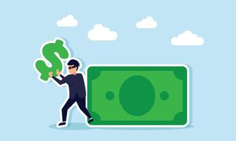 A thief stealing the dollar symbol from money, illustration of fraud or deception in the dollar causing inflation vector