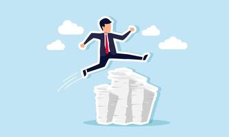A businessman running and jumping over a stack of papers or workload, illustrating the step-by-step completion of tasks and responsibilities vector