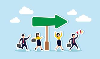 A group of businessmen or businesswomen walking towards a direction indicated by an arrow as a project marker, illustrating competition to secure a business project vector