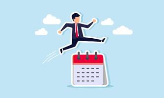 A businessman running and jumping over a calendar or agenda, illustrating the step-by-step completion of a planned agenda or schedule vector