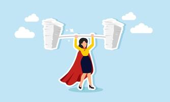 A super businesswoman lifting a heavy stack of papers, illustrating an entrepreneur who handles and completes a large workload vector