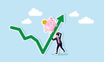 A businessman supporting a chart while a piggy bank moves over it, illustration of the growth of dividends or capital gains from investment assets vector