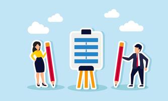 A businessman and businesswoman each holding a pencil to design an effective and efficient workflow, illustrating an agreement on planning a workflow for a joint venture business concept vector