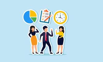 Several employees are discussing business management symbolized by a pie chart, job description board, and clock, illustration of efficient office and business management for running operations vector
