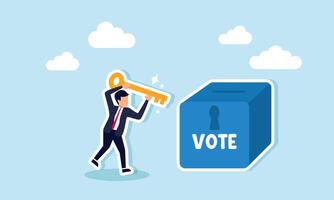 A businessman holding a key trying to open a vote box, illustrating the right to exercise a veto in making a choice vector