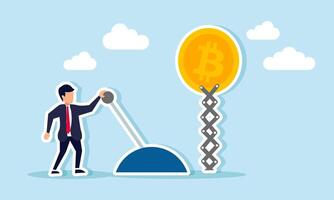 A businessman pulling a lever to lift Bitcoin, illustration of how a business player can influence Bitcoin value trajectory vector