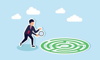 A businessman holding a magnifying glass investigating a maze of lines, illustrating the search for a solution to a business problem vector