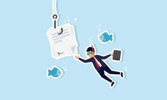 A businessman swimming with fish trying to catch a hook with a contract, illustration of in depth research into a new project agreement vector