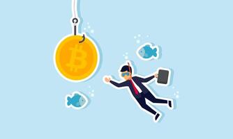 A businessman swimming with fish trying to catch a hook with bitcoin, illustration of in depth research to analyze the performance and potential of bitcoin vector