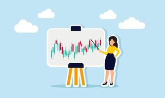 A businesswoman holding a pointer in front of a whiteboard teaching about stock graphs, illustration of how to successfully trade stocks effectively and efficiently vector