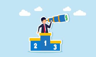 A businessman peering through a dollar while hiding behind a winner's podium, illustration of the oversight or search for profits from successfully completing a project vector