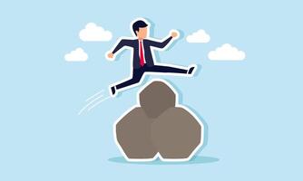 A businessman running and jumping over large boulders, illustrating overcoming obstacles and solving challenges vector