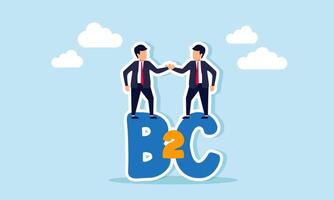 A businessman shaking hands with a business partner on top of the words B2C, illustrating an agreement to use services or products from a business vector