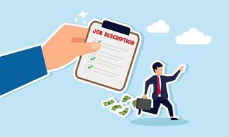 A businessman running with a briefcase full of money to avoid a hand holding a job description, illustrating an employee avoiding additional workload and choosing to be current achievements vector