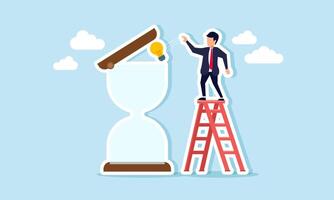 A businessman climbing a ladder and tossing a lightbulb into an hourglass, illustration of the moment of getting an idea after spending time searching for innovation and solutions vector