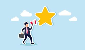 A businessman with a megaphone talking and showing a star speech bubble, illustrating an entrepreneur receiving positive feedback or a good rating from the public vector
