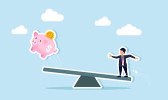 A businessman jumping on one side of a seesaw, causing a piggy bank to bounce from the other side, illustrating increased investment returns due to a rise in investment assets vector