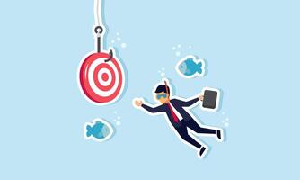 A businessman swimming with fish trying to catch a hook with a target board, illustration of in depth research into the company planned targets vector