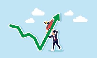 A businessman supporting a chart while a red car with a businesswoman drives over it, illustration of the growth of company assets vector