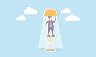 A businessman standing on an hourglass turning on a light, illustrating the idea of finding solutions under time pressure vector
