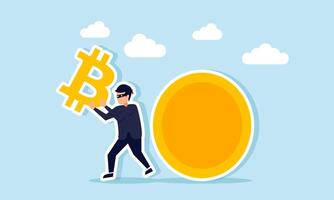 A thief stealing the bitcoin symbol from a coin, illustration of fraud or deception occurring in bitcoin stocks vector