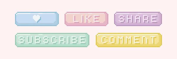 Pastel social media button 8 bit pixel interface art set. Like, share, subscribe, comment buttons collection. For game development, mobile app, social media vector