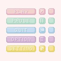 Pastel interface menu bar button 8 bit pixel art collection set. Computer game and icon for play, pause, quit, setting, option. For game development, mobile app, social media post vector