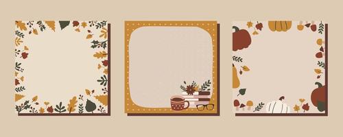 Autumn Fall Thanksgiving memo notes concept print template set collection. Pastel flat illustration. For note writing, scrapbooking, invitation, greeting card. Square format vector