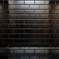 A black and white photo of a wall with a black tile