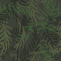 Hand drawn camo with leaf, seamless pattern. Grunge branches and herbs green camouflage background. Distressed texture wallpaper. Fabric design vector