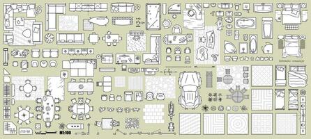 Floor plan icons set for design interior and architectural project view from above. Furniture thin line icon in top view for layout vector