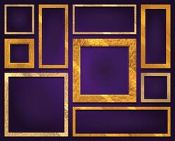 Set of decorative frame picture. Gold luxury shiny border. Glamorous style template. Empty picture frame isolated on purple background vector
