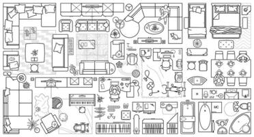 Floor plan icons set for design interior and architectural project view from above. Furniture thin line icon in top view for layout vector