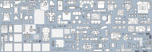 Floor plan icons set for design interior and architectural project view from above. Furniture thin line icon in top view for layout. Blueprint apartment vector