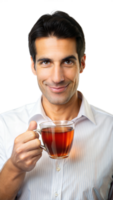 Man smiling while holding a cup of tea png