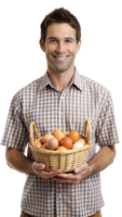 Smiling man holding a basket of fresh eggs png