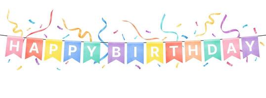 Colorful watercolor Happy Birthday party flags with confetti on white background vector