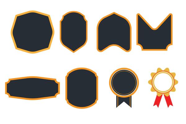 Set of vintage labels, badges and award designs in black and gold on a white background.