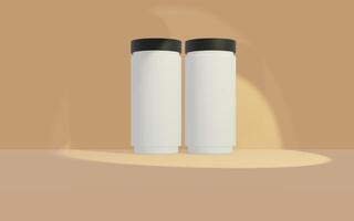 Create a sleek and modern mockup with two elegant white bottles against a soft pastel background. The clean design emphasizes simplicity and sophistication, perfect for showcasing minimalist beauty an photo